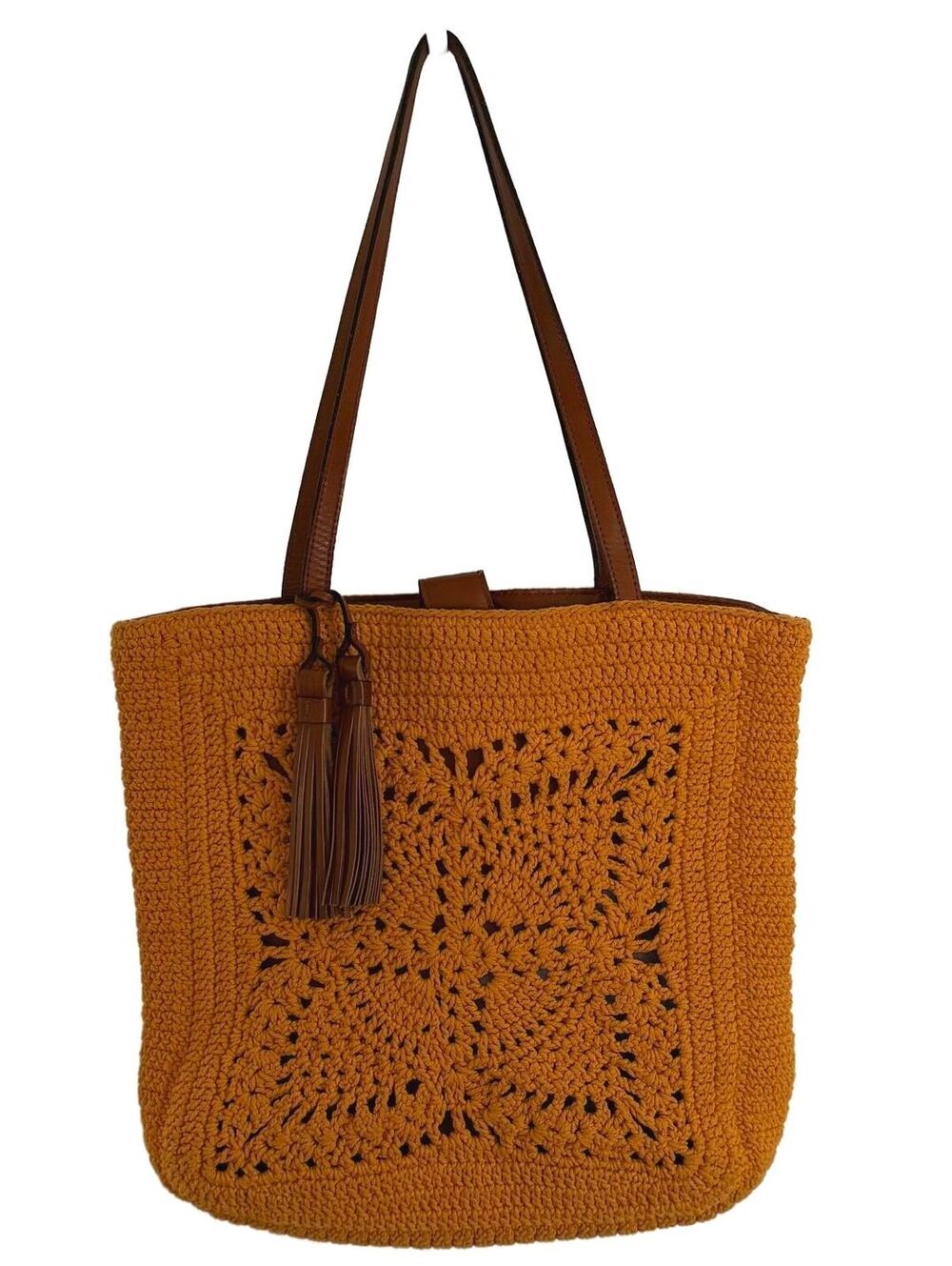 Patricia Nash Crochet Tote Bag Mustard Brown Leather Tassel Boho Shoulder Bag